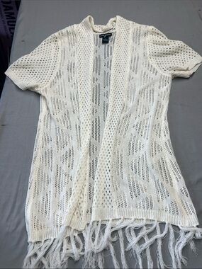 Lauren Michelle Open-Knit Fringe Short-Sleeve Cardigan — Cream